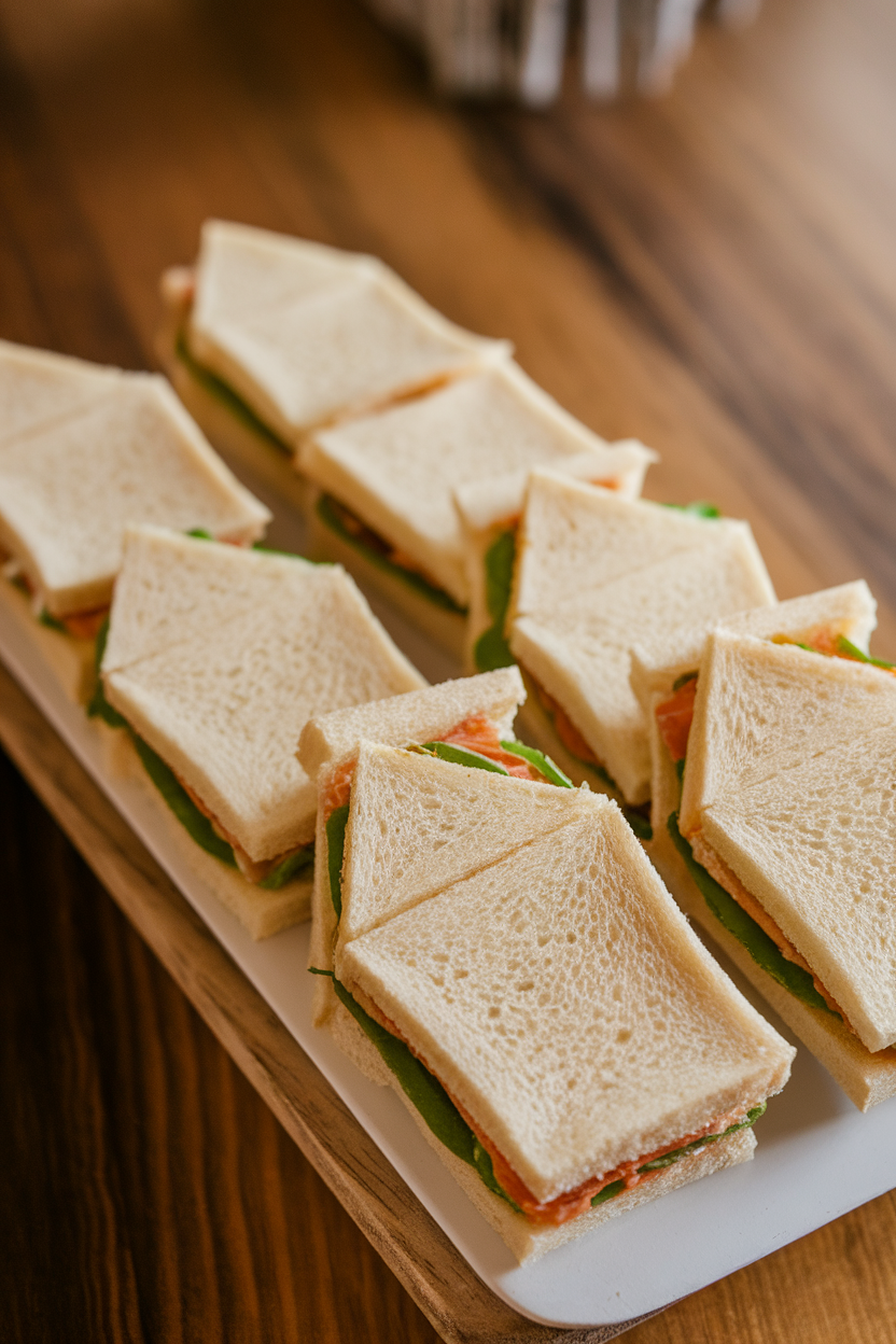 Indoor serving board presenting rectangular finger sandwiches with diagonal corner cuts to form coffin shapes, lids slightly lifted. Photo, no text or logos.