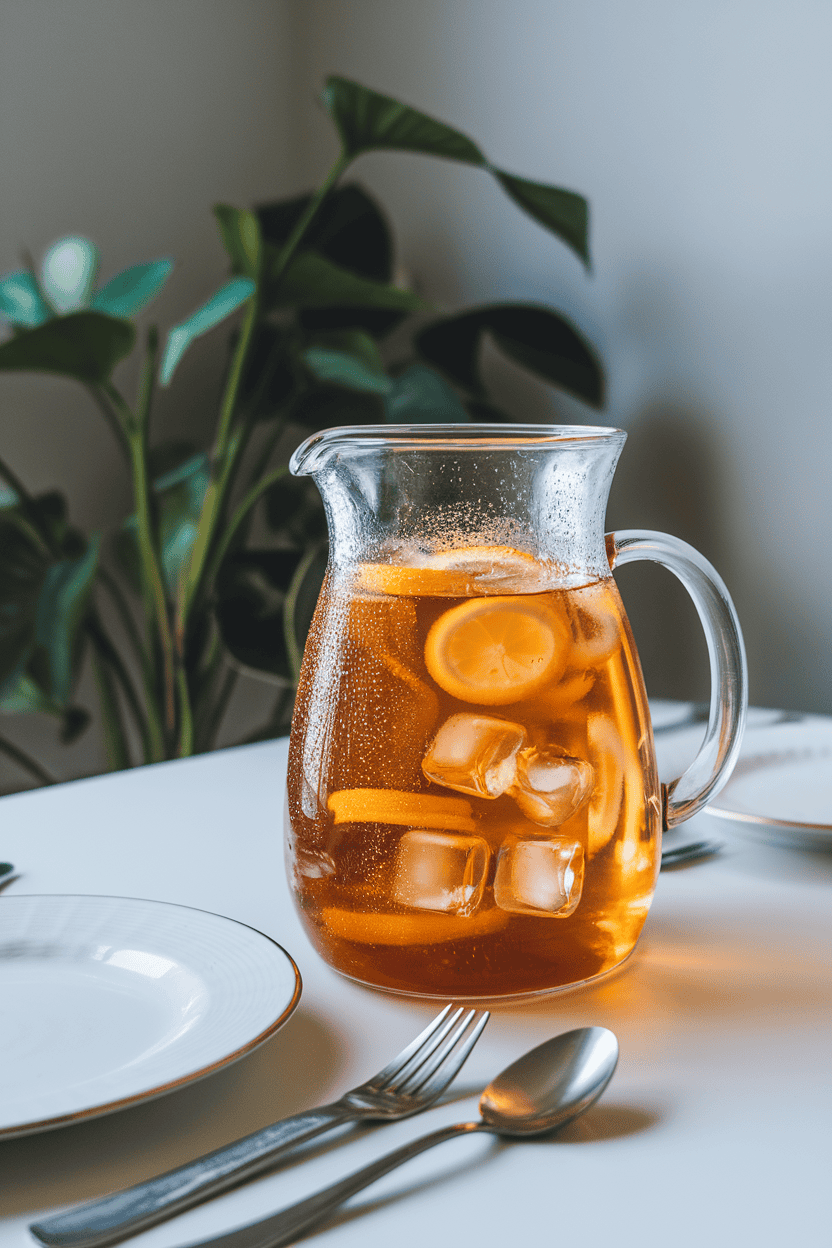 An indoor dining table with a clear pitcher of amber iced tea, lemon wheels floating inside, ice cubes shimmering, condensation visible. No text or logos; photo only.