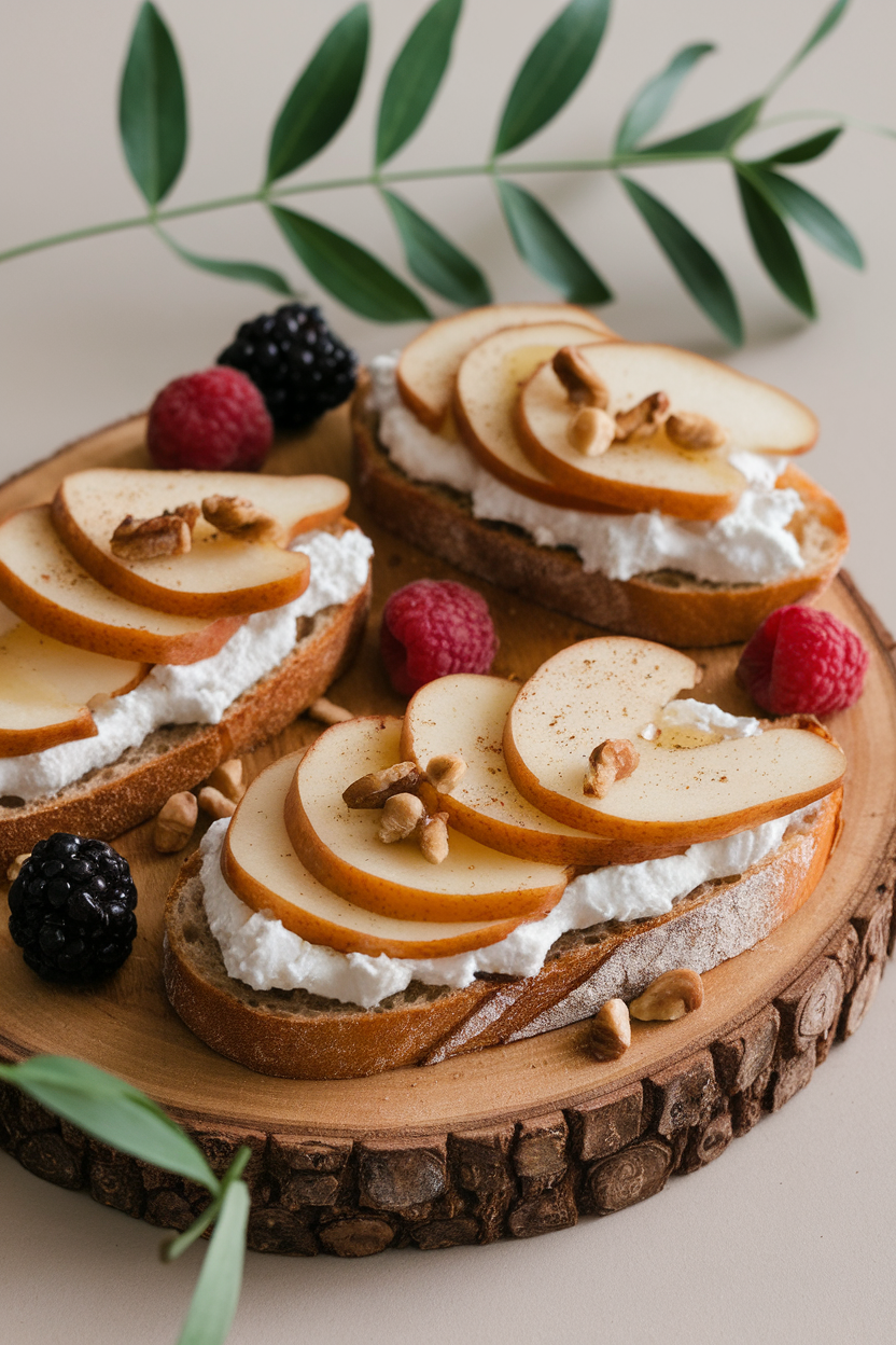 Indoor brunch board with baguette toasts spread with ricotta, topped with thin spiced pear slices and a drizzle of honey. No text or logos. Photo only.