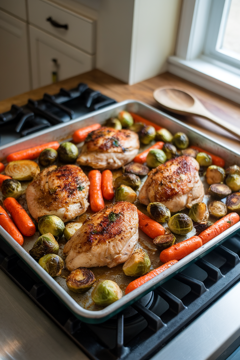 A large sheet pan on an indoor stovetop loaded with roasted chicken breasts, carrots, and Brussels sprouts glazed with Dijon. No text or logos, photo style.