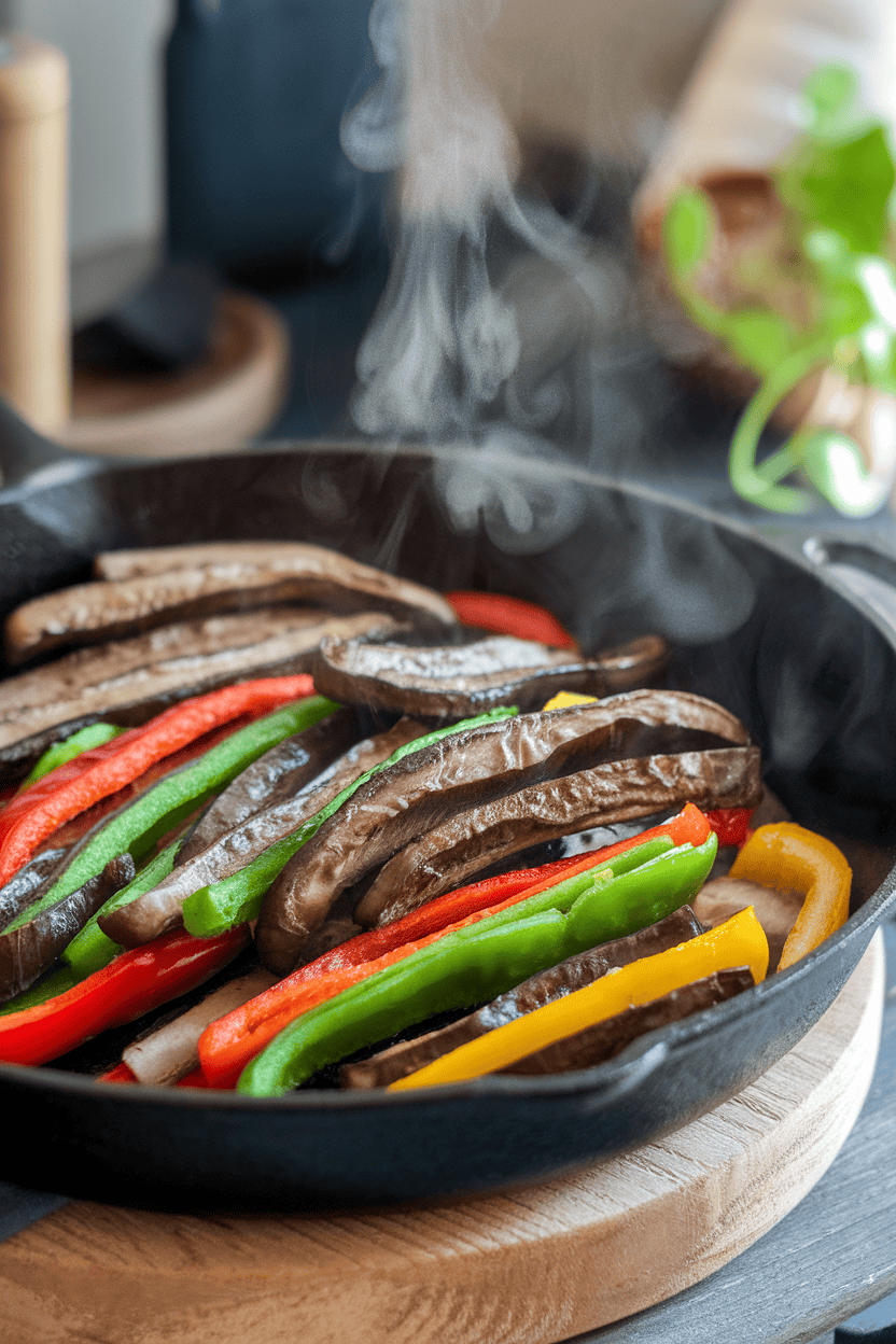 An indoor cast-iron skillet filled with sizzling strips of cooked portobello mushrooms and colorful bell peppers, steam drifting upward. No text or logos. Photo, not illustration.