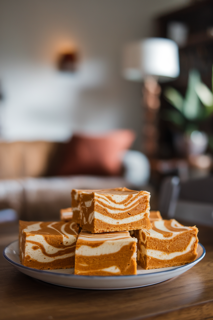 Photo of marbled pumpkin and cream cheese bars cut into squares, indoor table scene, no text or logos.