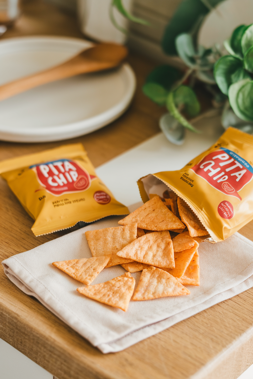 Indoor kitchen counter scene of two small pita chip bags, one open showing golden triangles spilling onto a cloth napkin. No text or logos.
