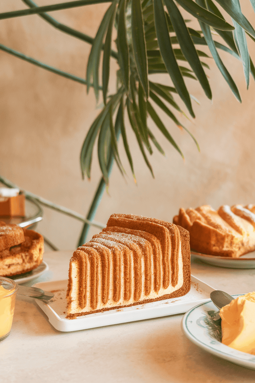 An indoor brunch counter with a wedge of cinnamon-sugar-coated coffee cake, churro ridges visible on top. No text or logos. Photo only.