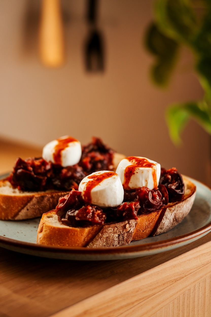 Photo of toasted baguette slices topped with dark eggplant caponata, dotted with two small mozzarella “fang marks” oozing red pesto, indoors. No text or logos.