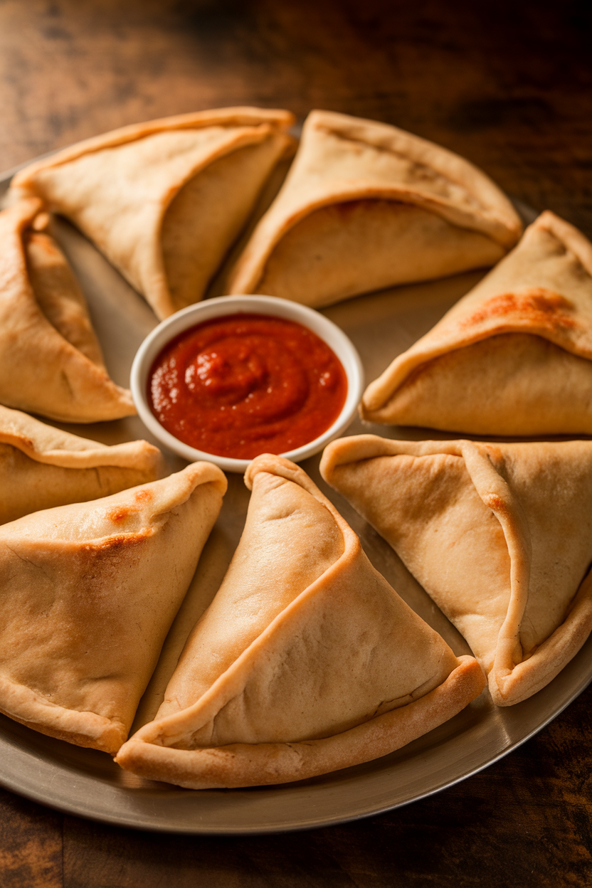 Photo of triangular calzones with curved brims formed from pizza dough, arranged on an indoor platter with marinara dips. No text or logos.