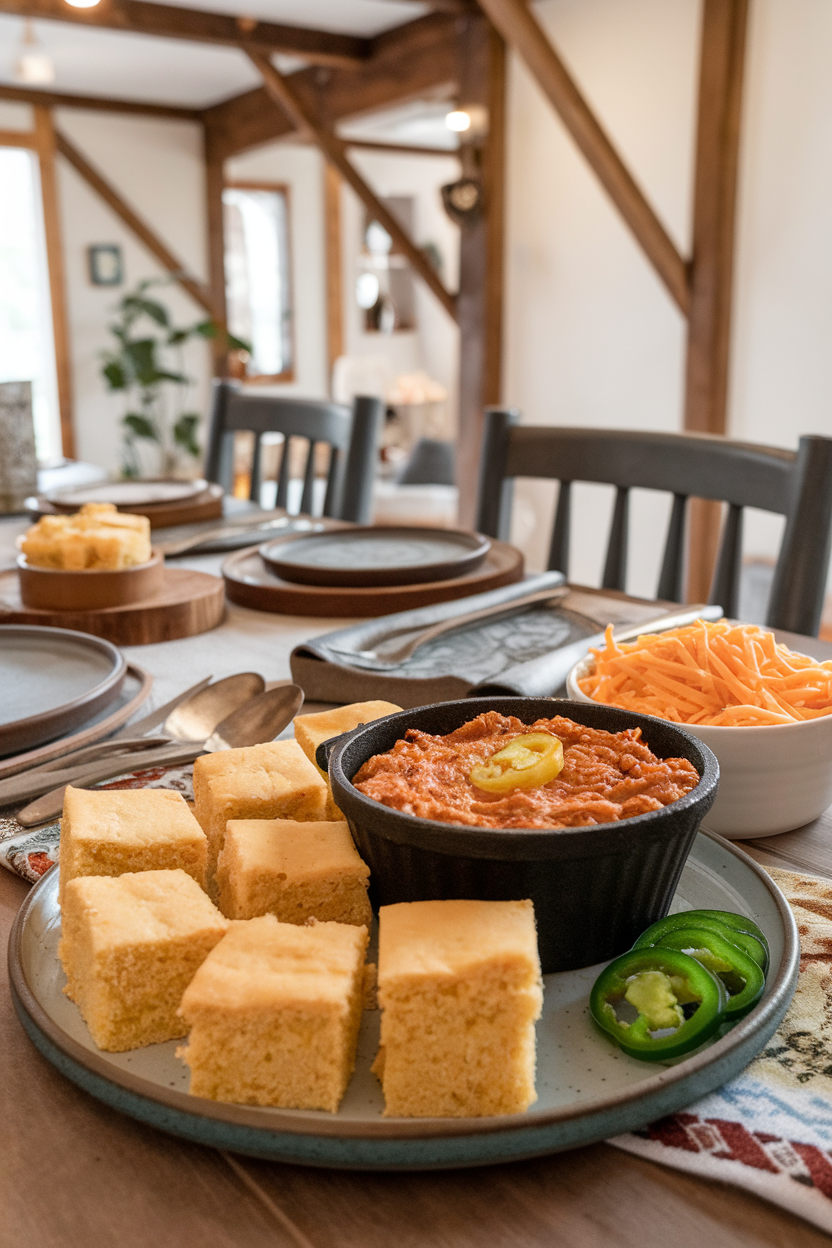 An indoor dining setup featuring mini cornbread squares, a cast-iron ramekin filled with thick turkey chili dip, shredded cheddar sprinkled on top, and jalapeño slices on the side. No text or logos. Photo only.