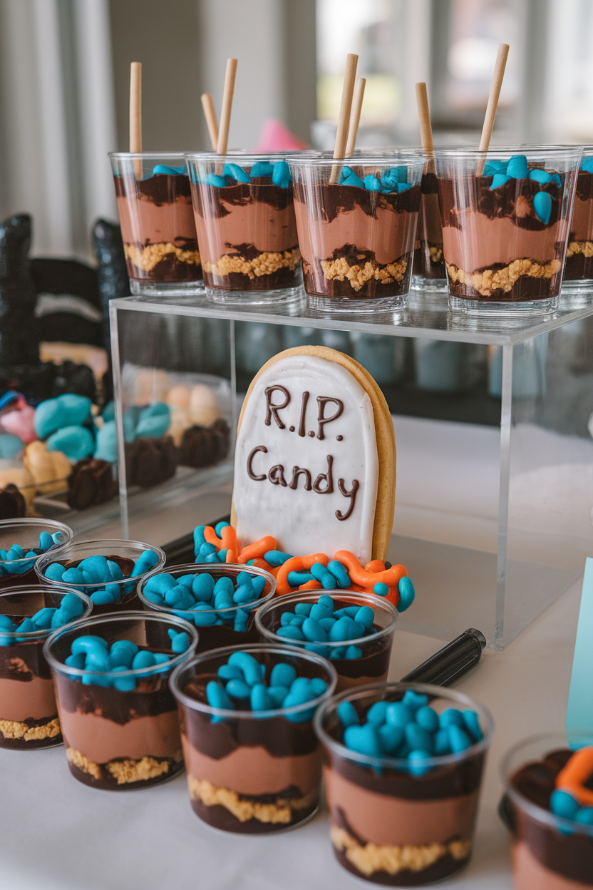 Indoor child-friendly dessert station with clear cups layered with chocolate pudding, crushed cookies, and candy worms, cookie tombstones labeled. Photo, no text or logos.