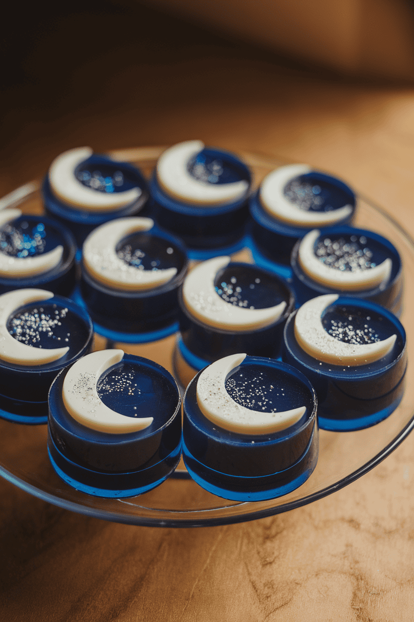 Indoor setting featuring midnight-blue blueberry jello shots with a thin white chocolate disk “moon” on top, gentle lighting, no logos