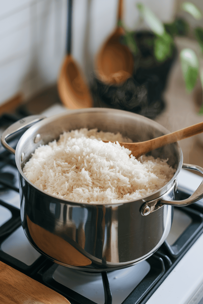 An indoor stovetop pot filled with fluffy white coconut rice, a wooden spoon resting inside, steam visible. No text or logos; photo.