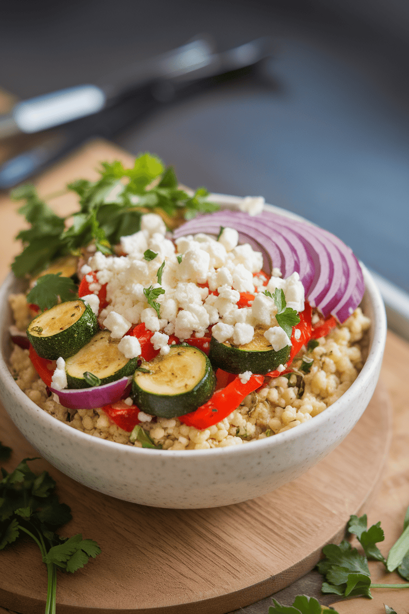Indoor photo of a shallow meal-prep bowl with fluffy couscous topped by roasted zucchini, bell peppers, red onion, and crumbled feta. No logos anywhere.