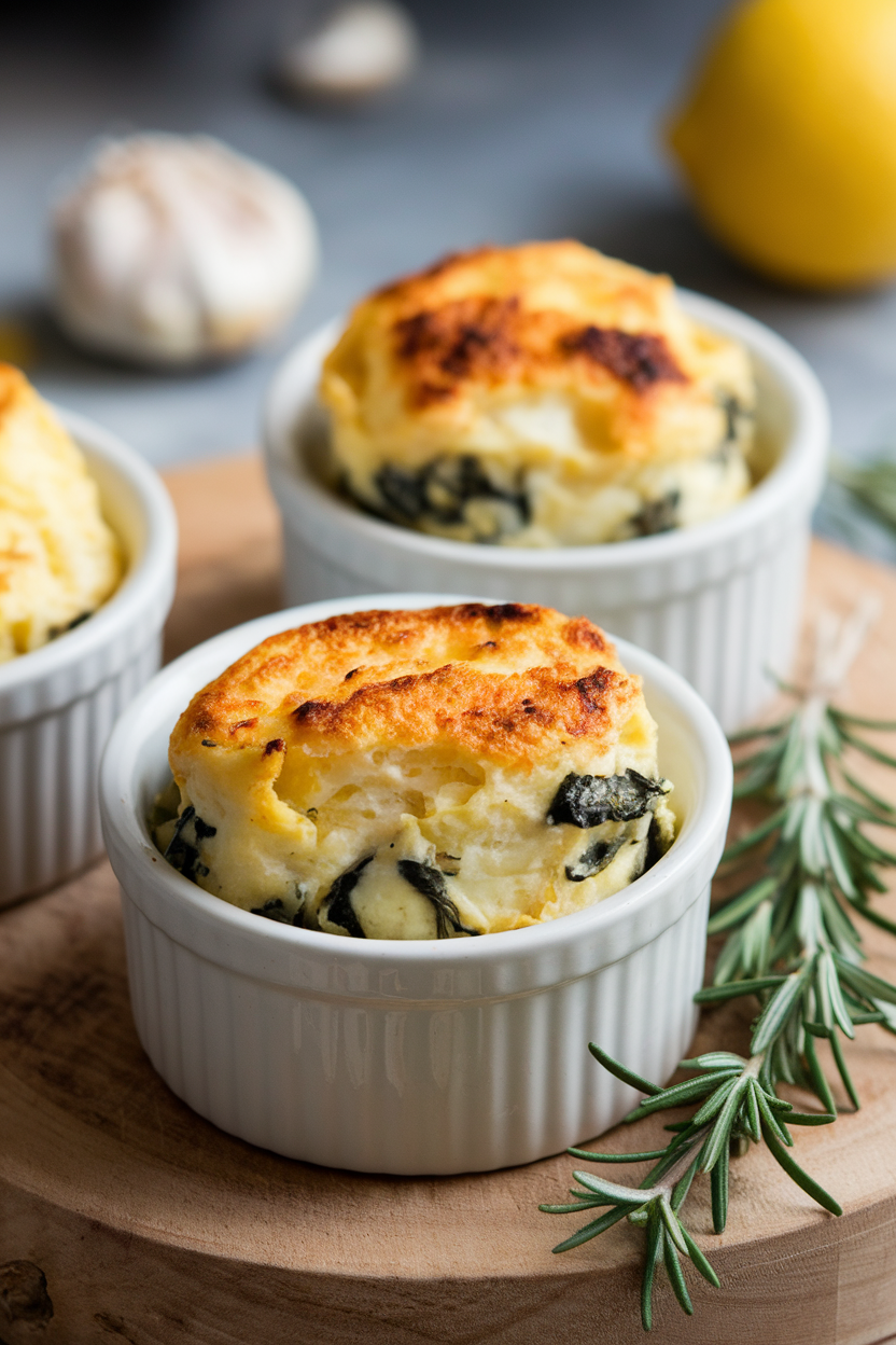 Photo of ceramic ramekins indoors filled with a fluffy spinach-artichoke egg mixture, lightly browned on top. No text or logos.