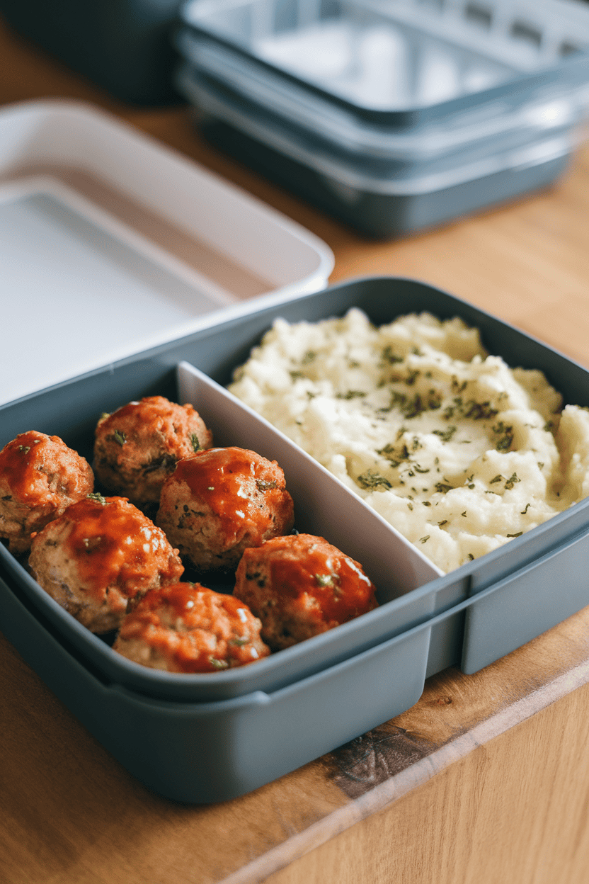 Photo of a divided meal-prep box indoors with glazed turkey meatballs on one side and creamy cauliflower mash on the other, no text or logos.