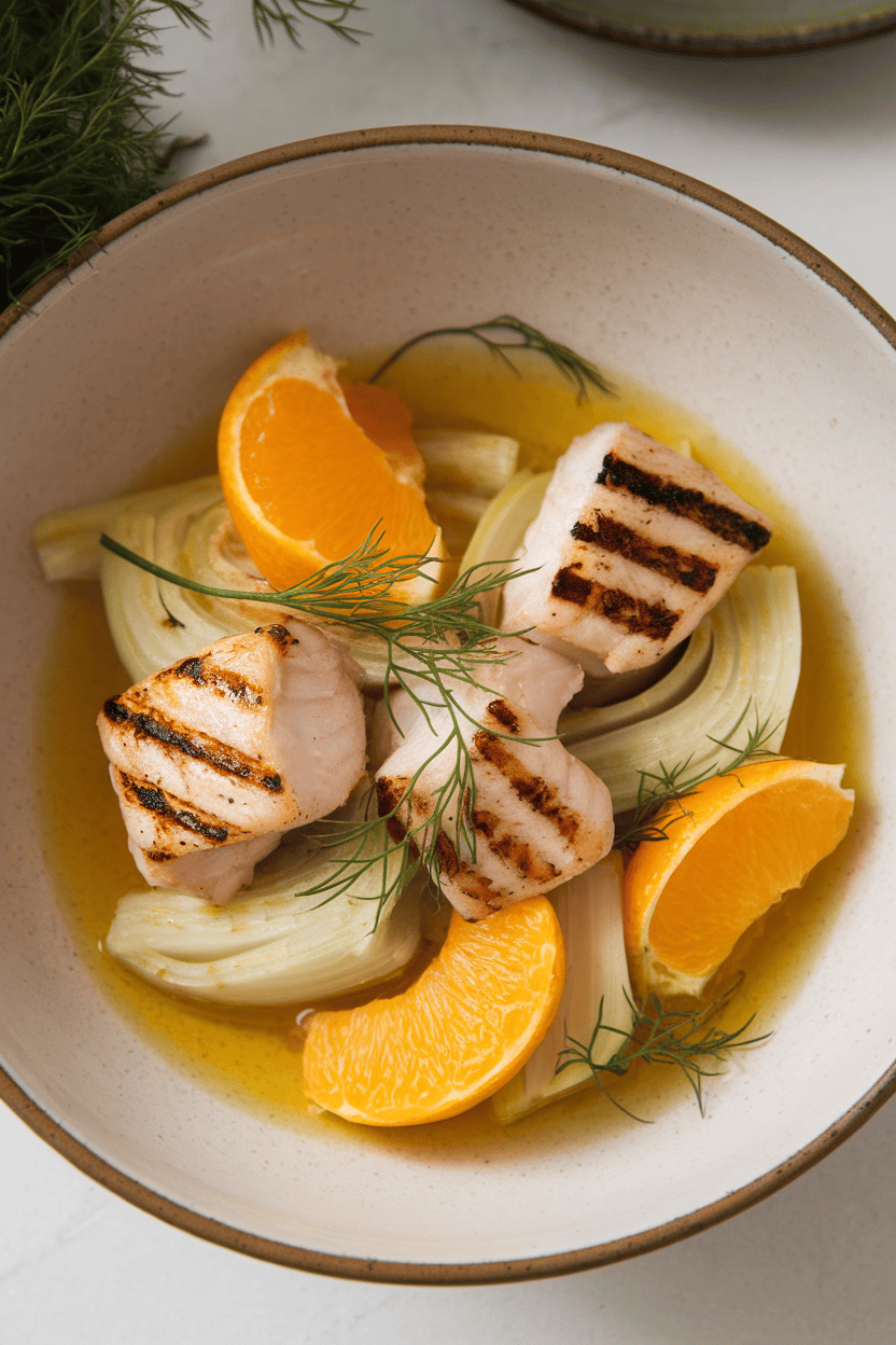 Indoor photo of grilled swordfish chunks mixed with orange and fennel slices in a single-serve bowl, olive oil sheen visible. No text or logos.