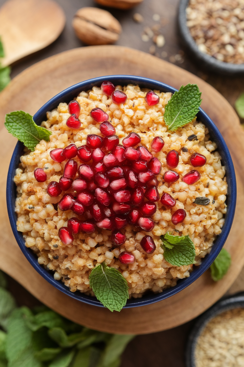 Indoor photo of a vibrant bowl of bulgur salad speckled with pomegranate seeds and mint leaves, overhead. No logos.