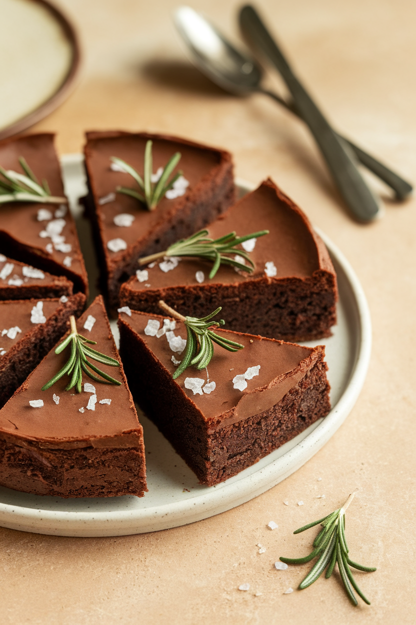 Indoor image of brownie wedges garnished with small sprigs of candied rosemary and a touch of smoked sea salt; no text or logos