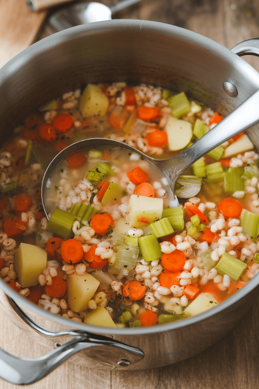 Indoor photo of a stockpot filled with chunky vegetable and barley soup, ladle resting inside, no text or logos.