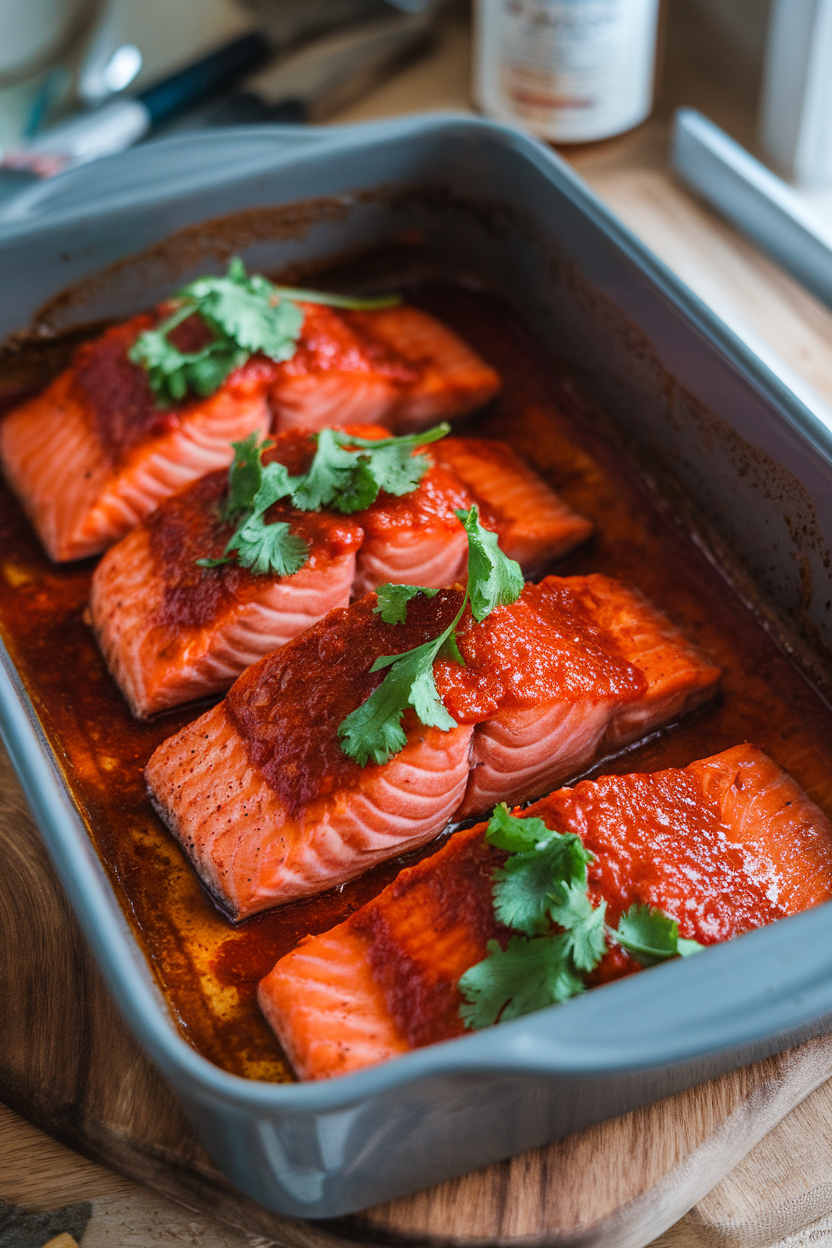 A baking dish indoors showing cooked salmon fillets coated in a glossy harissa glaze, garnished with cilantro. No logos or text.