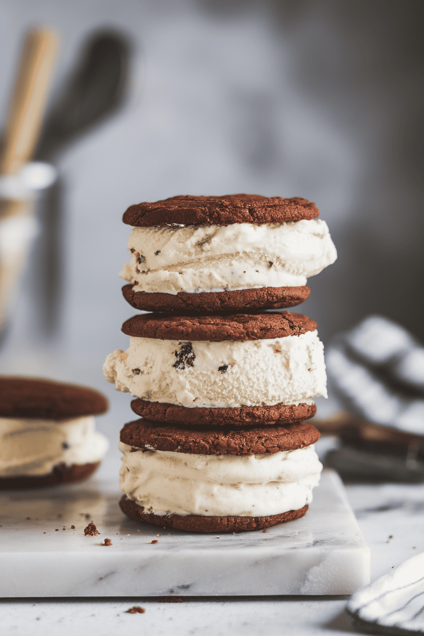 Photo of a stack of homemade ice cream sandwiches—vanilla ice cream between two chocolate cookies—on an indoor marble slab. No logos or text present.