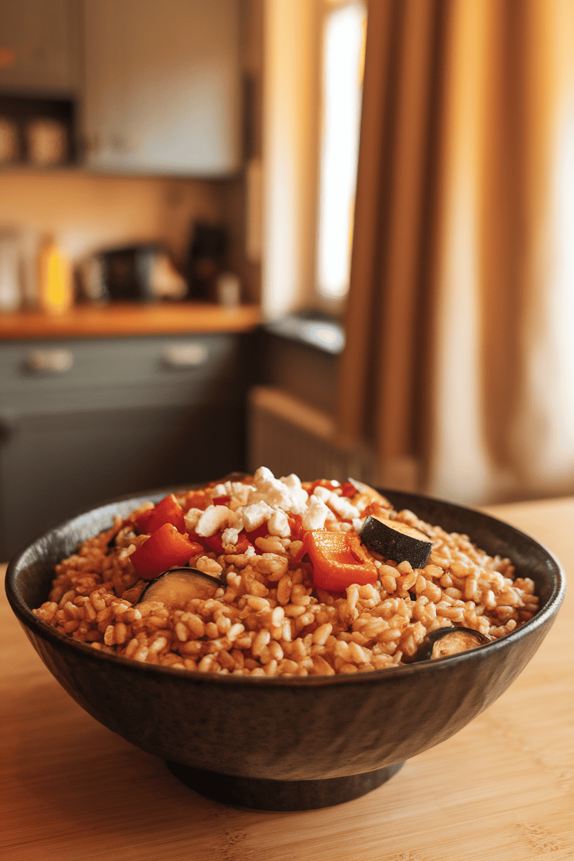 An indoor photo of a deep bowl with cooked farro, roasted zucchini and red pepper cubes, and a sprinkle of goat cheese. No text or logos visible.