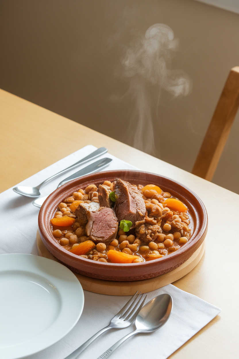 An indoor dining table with a shallow bowl of fragrant lamb and chickpea tagine, apricots and almonds visible, steam rising. No logos or text; photo only.