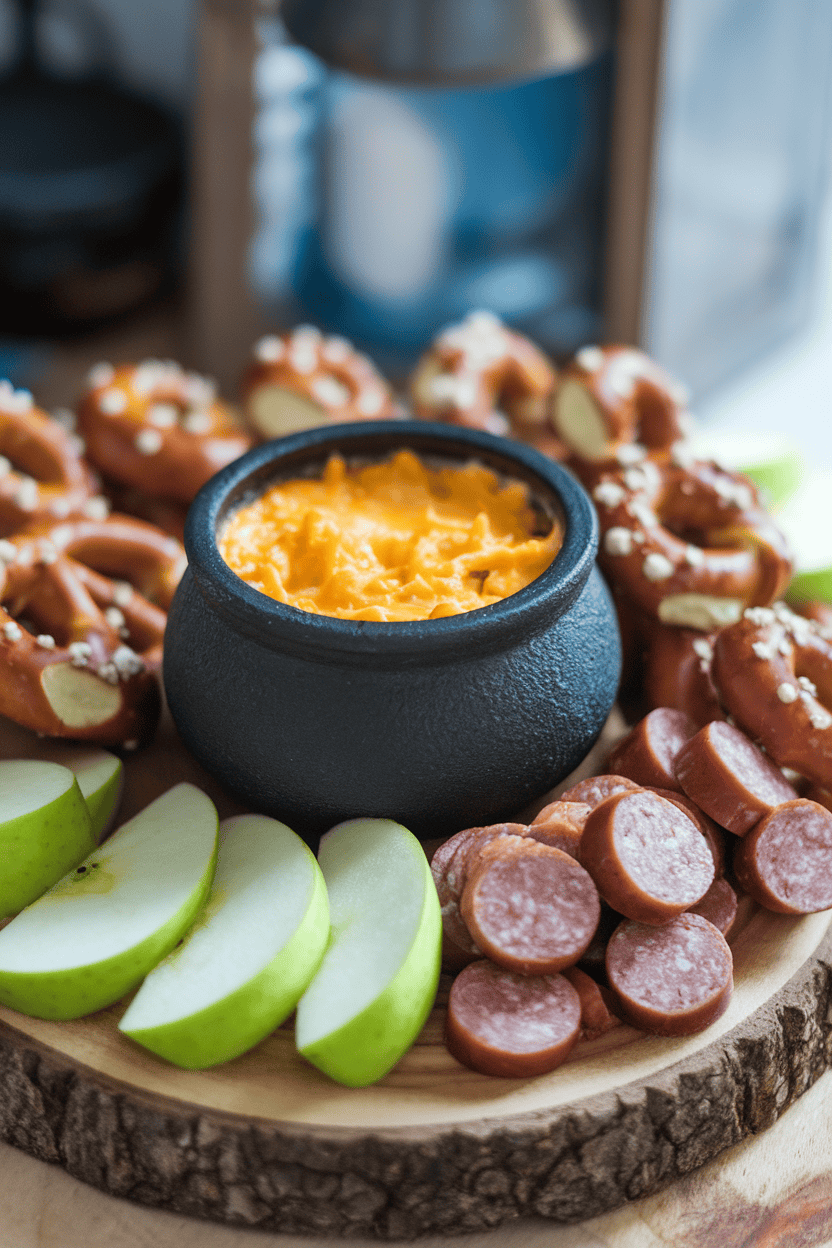 Indoor photo of a black mini cauldron filled with bubbling cheddar-beer dip, surrounded by soft pretzel bites, apple slices, and sausage coins on a wooden board. No text or logos.