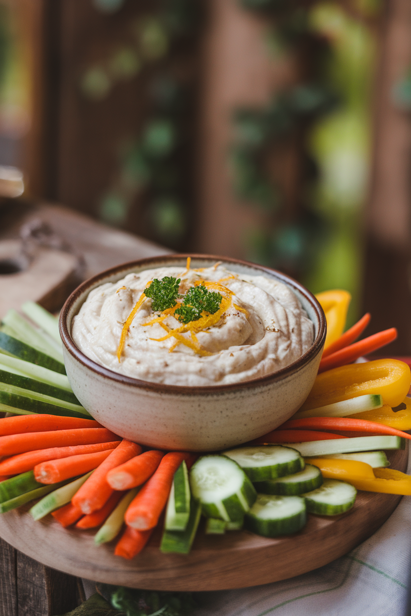 An indoor ceramic bowl of creamy white bean dip garnished with lemon zest and parsley, surrounded by crunchy vegetable crudités. No text or logos. Photo, not illustration.