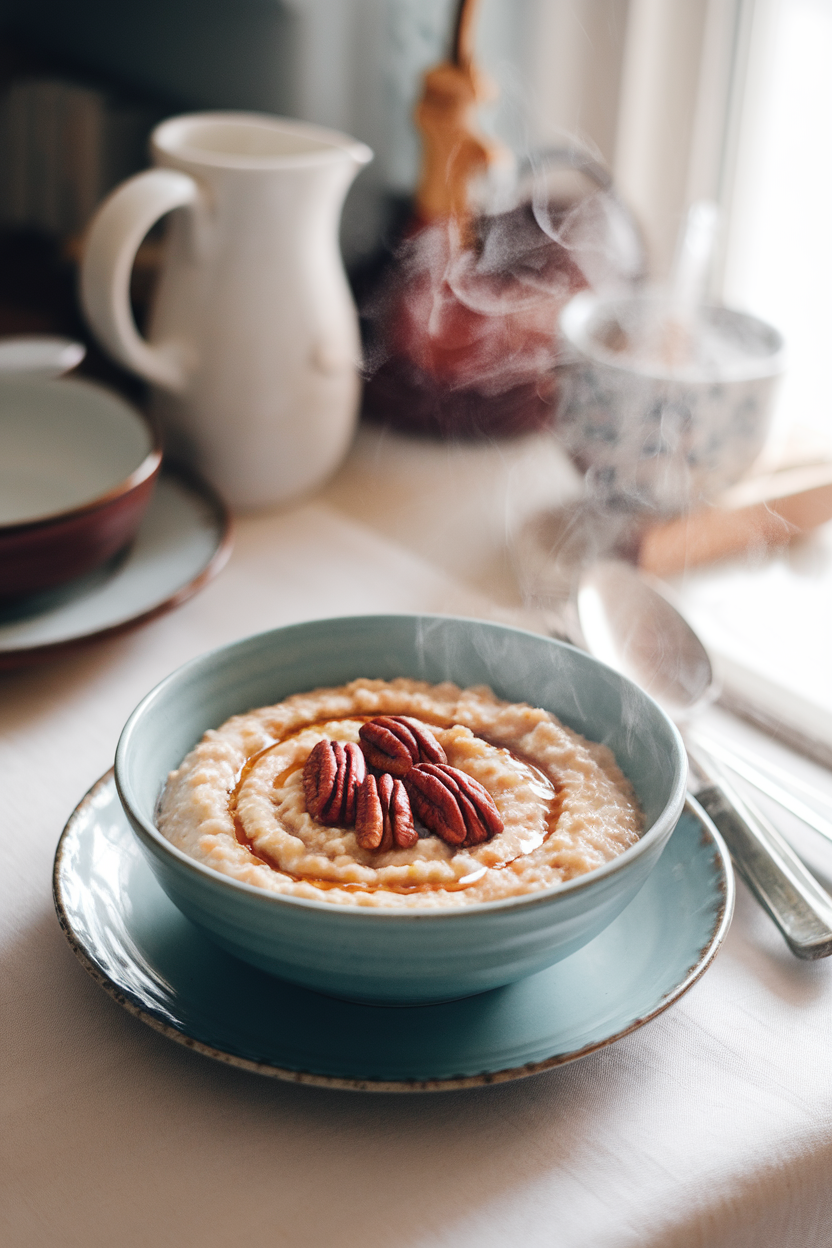 Steaming bowl of creamy oatmeal topped with toasted pecans and a swirl of maple syrup on an indoor breakfast table. No text or logos.