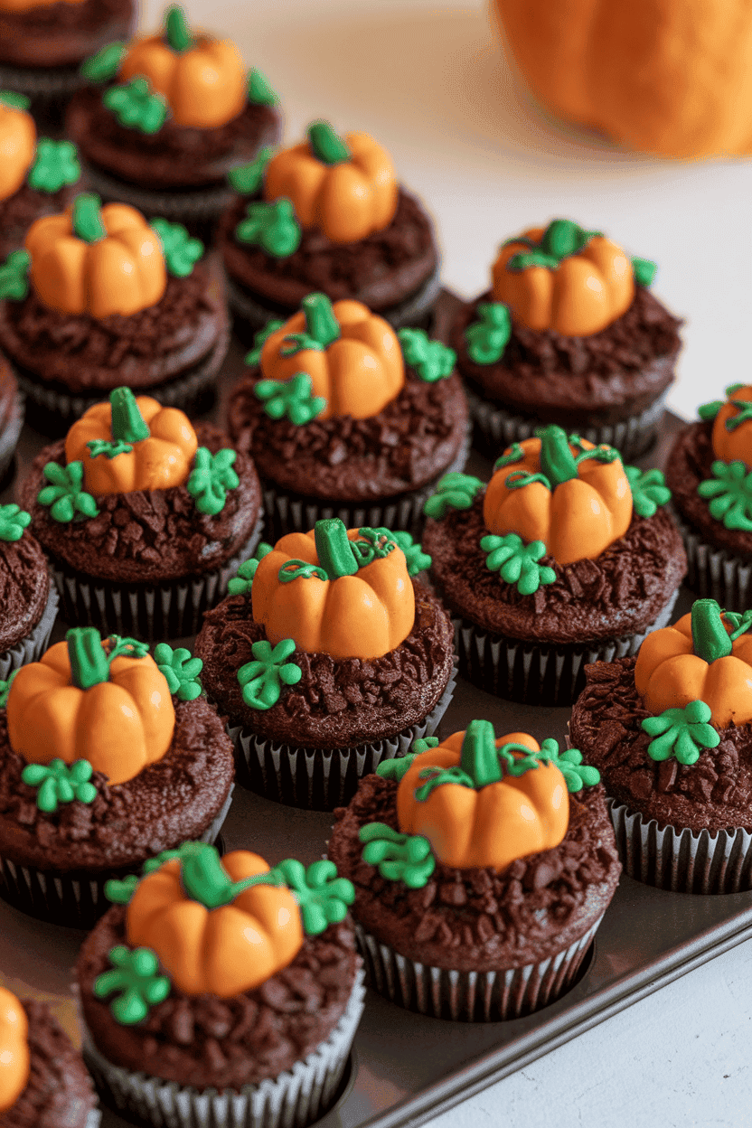Indoor cupcake tray where chocolate cupcakes are topped with crushed cookie “soil,” candy pumpkins, and green icing vines. No text or logos.