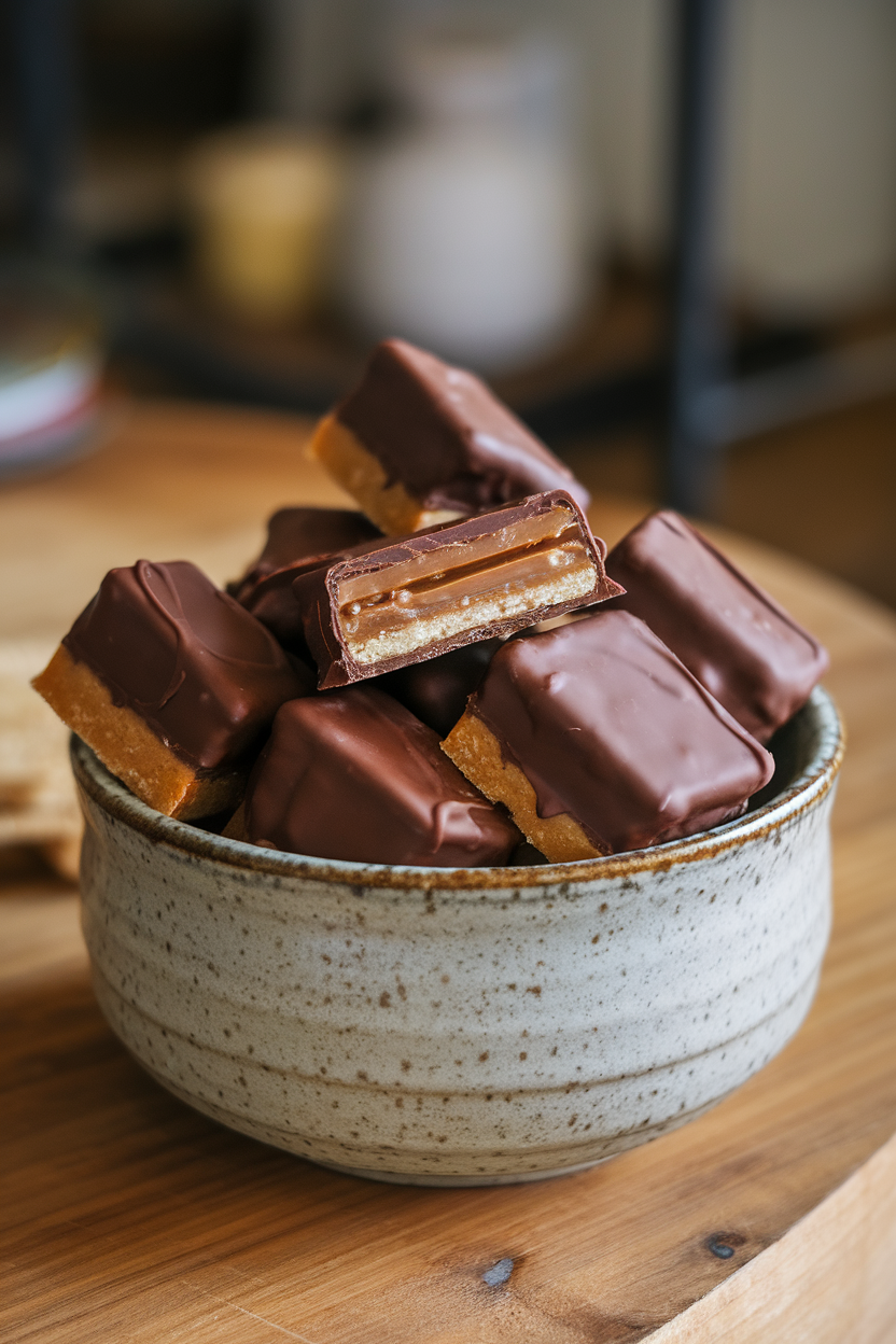 Photo of indoor ceramic bowl filled with small caramel cookie bars coated in chocolate, one bar snapped to show layers, no text or logos