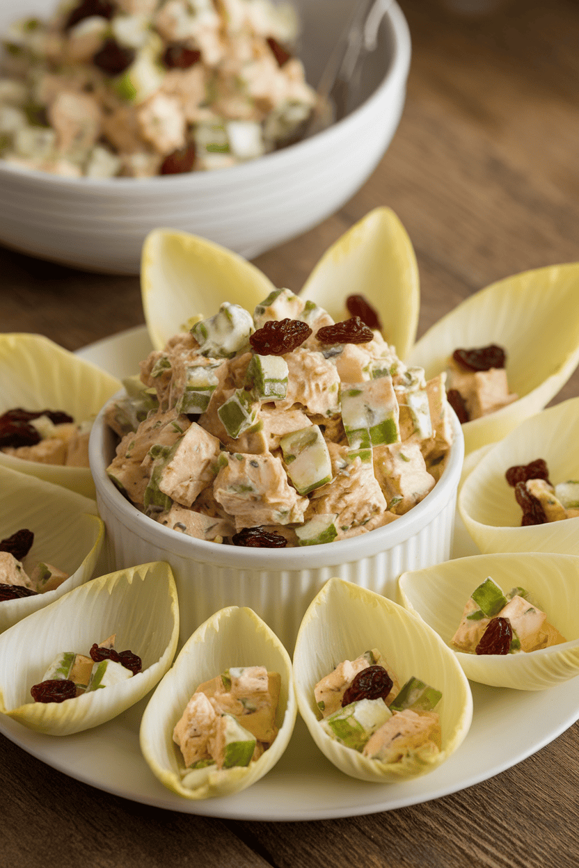 Indoor photo of Greek-yogurt curried chicken salad with golden raisins, alongside crisp endive leaves arranged like little boats; no text or logos.