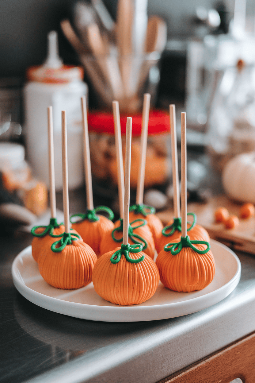 Bright orange peanut butter cake pops with green licorice stems, slight ribbing for pumpkin texture, indoor countertop; no text or logos. Photo.