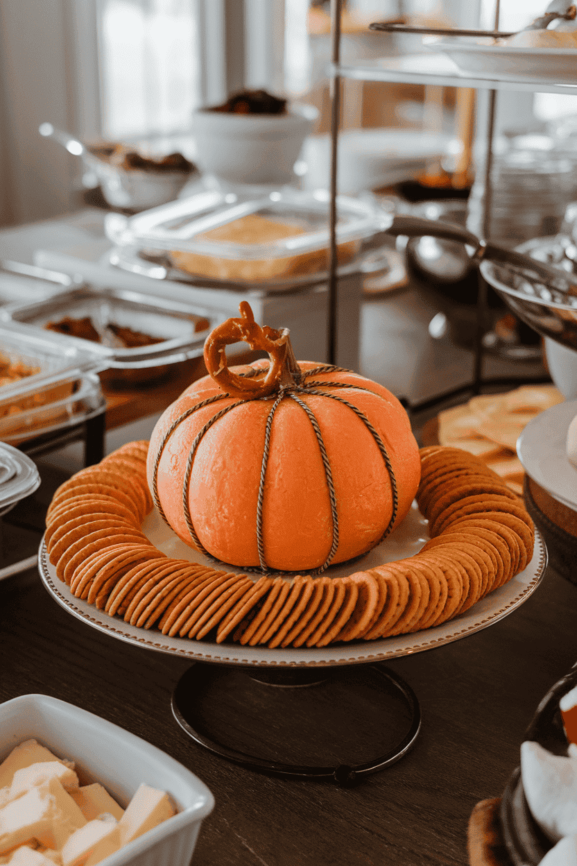 An indoor buffet table with an orange cheese ball shaped like a pumpkin, ridges made by twine indentation, pretzel stick stem on top, crackers neatly fanned around. No logos or text in view.