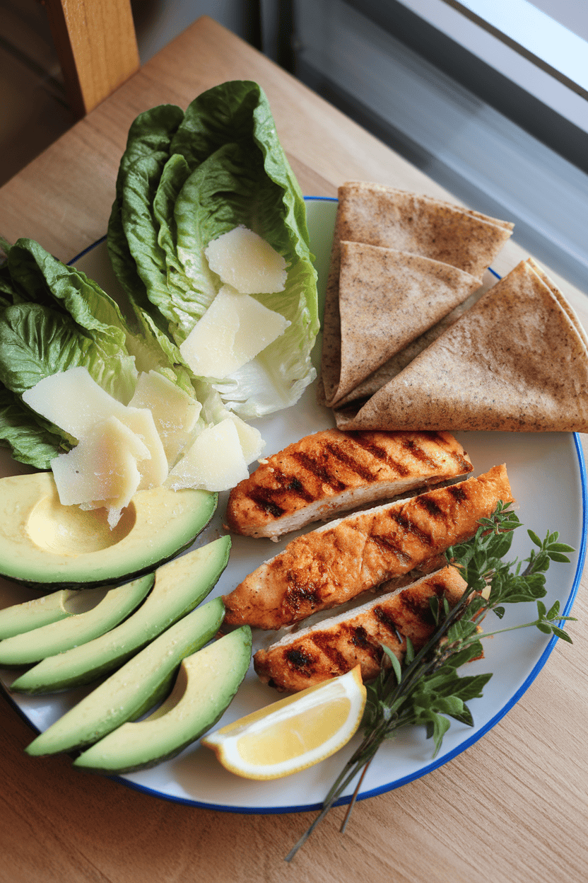 Indoor photo of grilled chicken strips, romaine ribbons, avocado slices, Parmesan shavings, and whole-grain wrap quarters separated neatly; no text or logos.