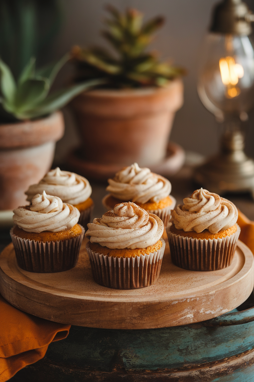 Photo of pumpkin cupcakes topped with coffee buttercream and dusted with cinnamon, indoor cafe-style vibe, no logos or text.