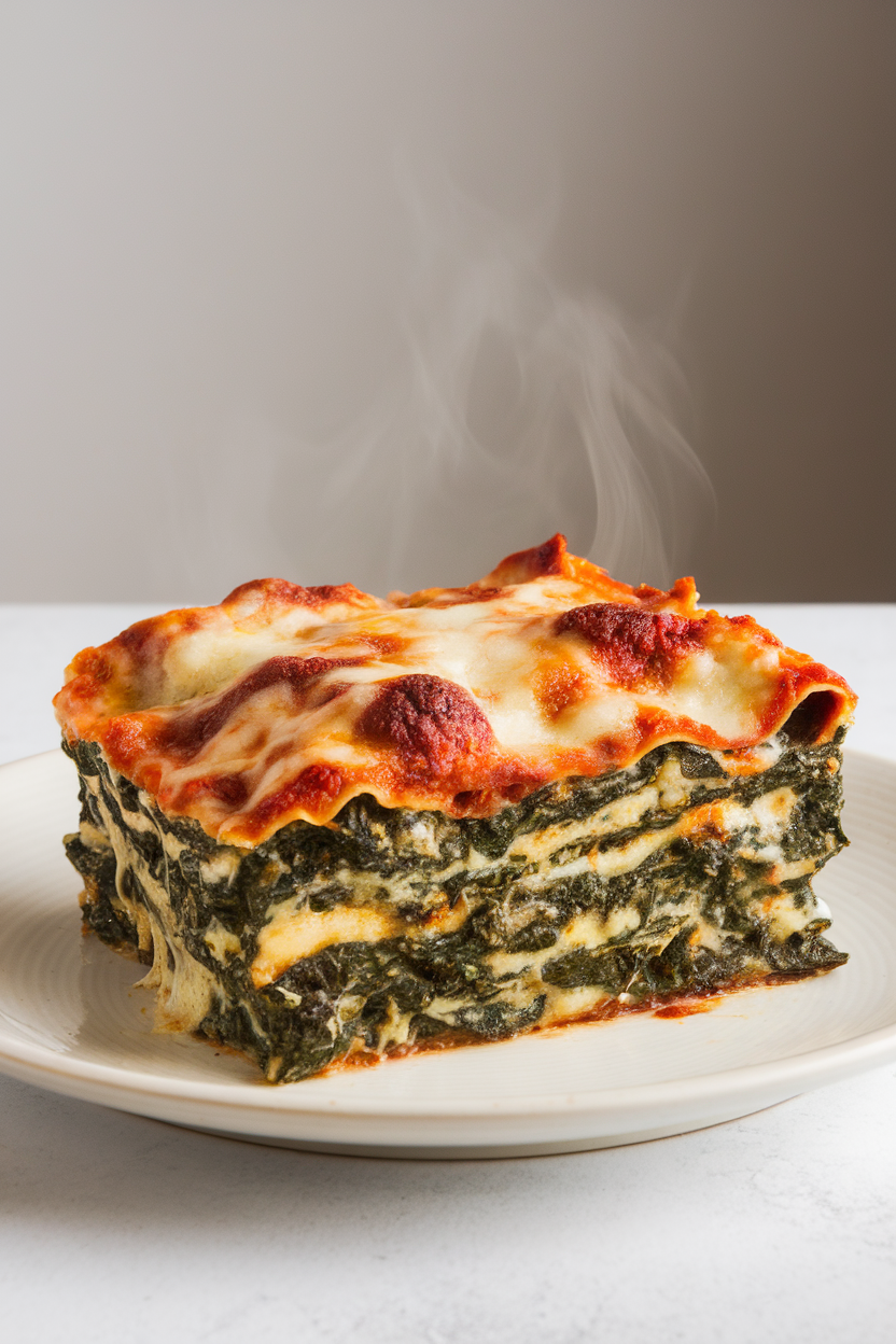 Slice of spinach lasagna oozing cheese on a white plate, steam visible, shot indoors. No text or logos. Photo.