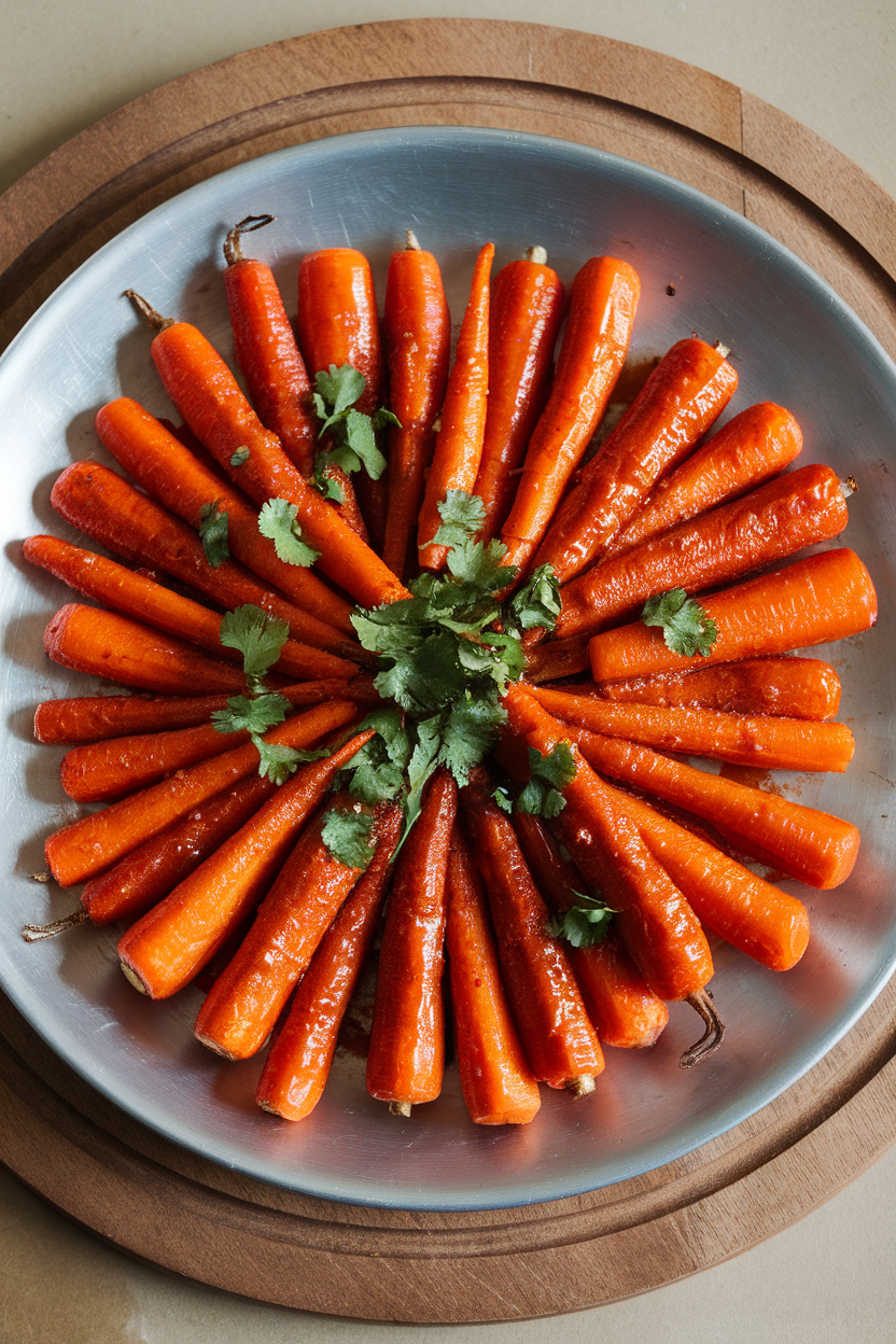 Indoor platter of roasted carrots coated in glossy red harissa glaze, sprinkled with chopped cilantro. Photo, no text or logos.