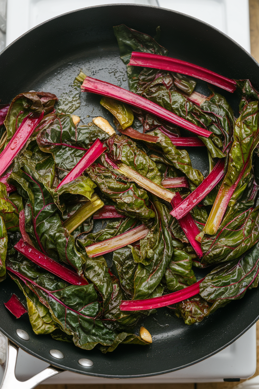 An indoor skillet showcasing wilted Swiss chard ribbons glistening with garlic and olive oil, stems adding pops of color. No logos or text.
