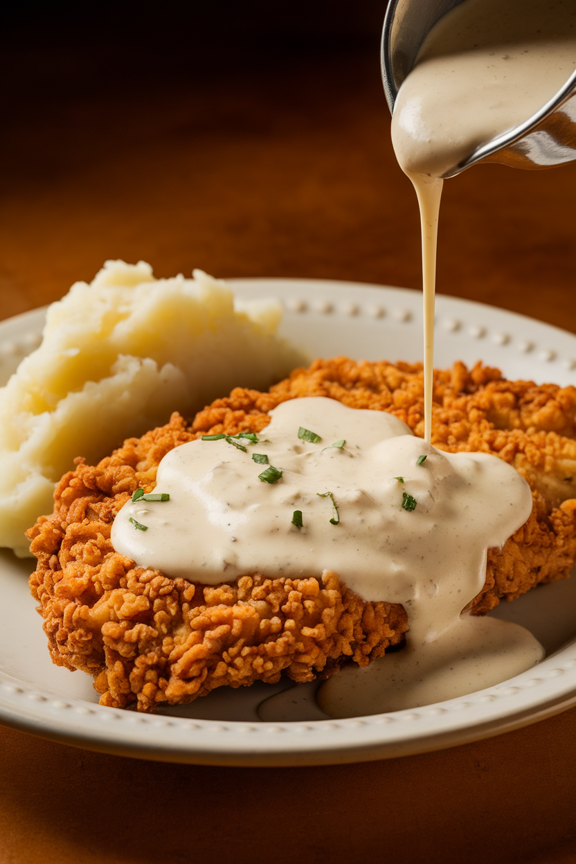 Indoor photo of chicken-fried steak on a plate, creamy pepper gravy poured over, mashed potatoes alongside. Warm lighting, no text or logos.