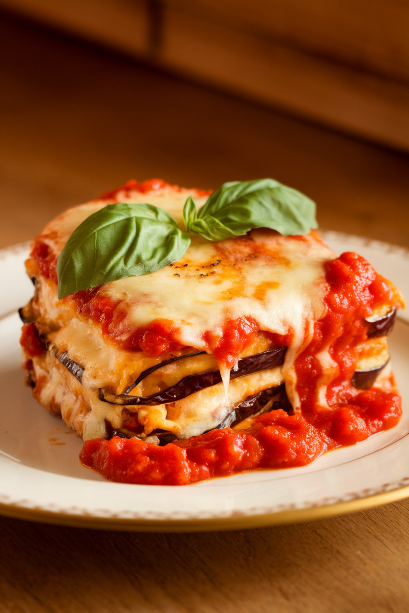 Indoor photo of a layered eggplant Parmesan slice oozing cheese and marinara, basil leaf garnish. Warm light, no text or logos.