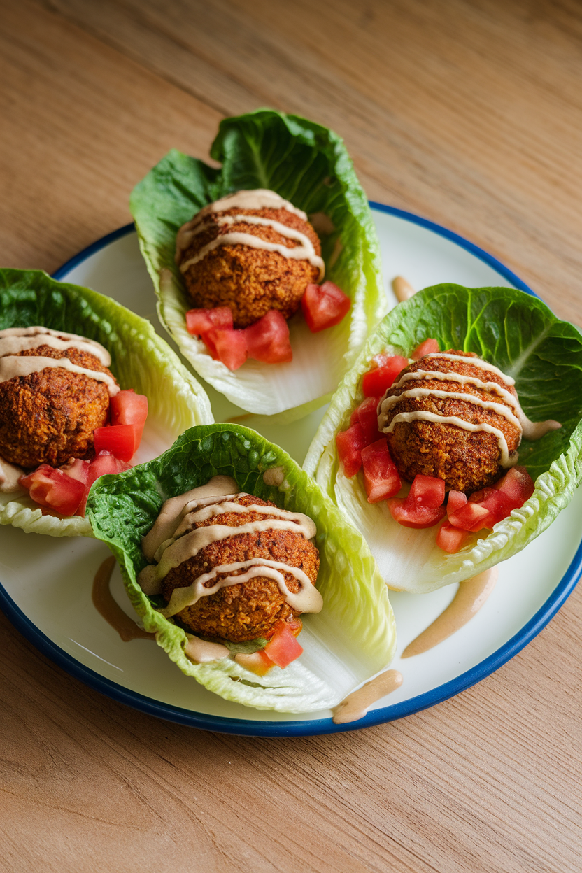 A plate indoors featuring romaine leaves stuffed with baked falafel balls, diced tomato, and tahini drizzle. No logos or text.