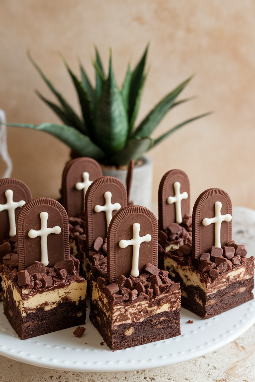 Indoor image of brownies covered in crushed chocolate cookies with upright wafer “tombstones” piped with simple white icing crosses; no text or logos