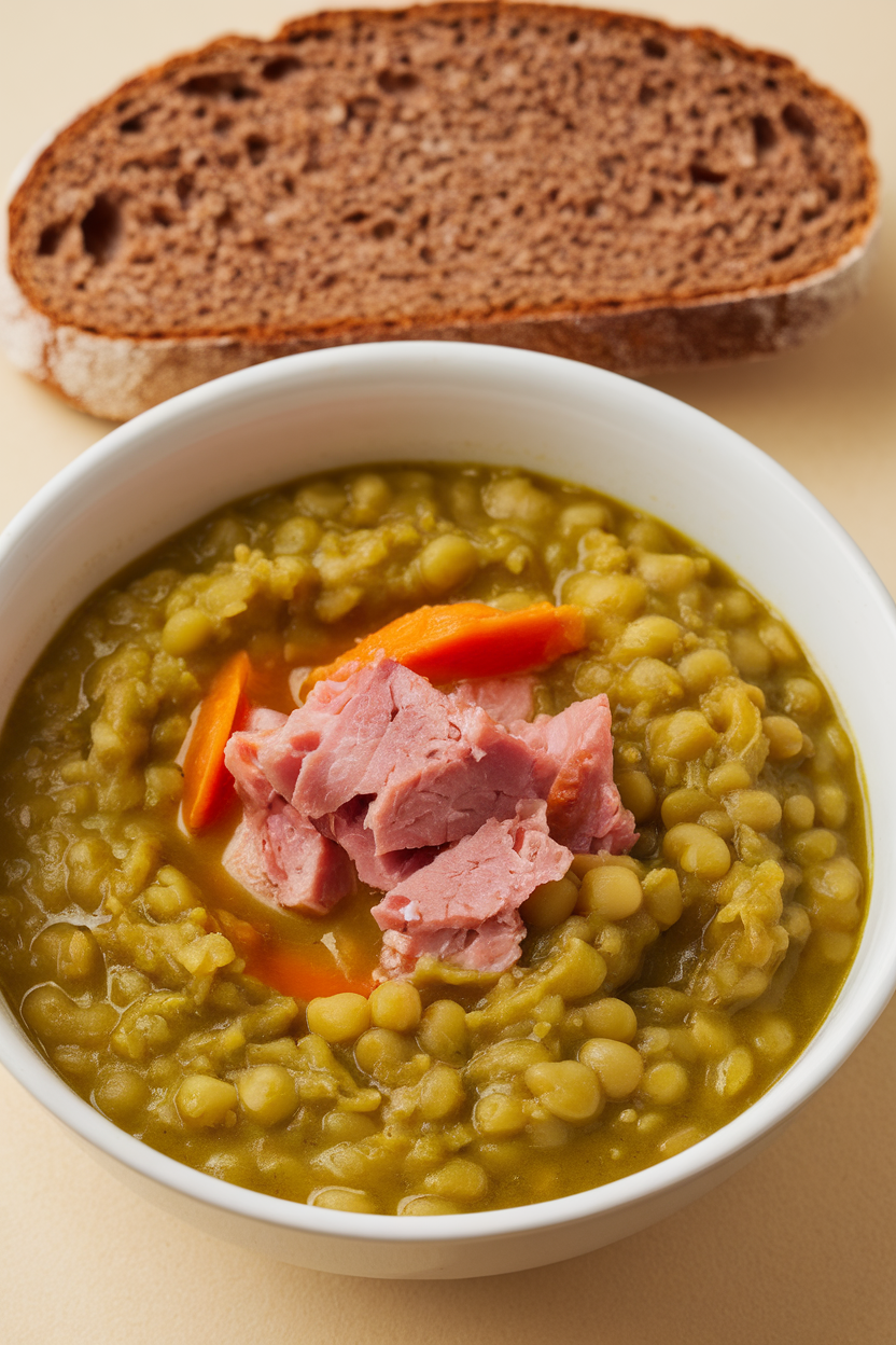 Indoor photo of a thick green split pea soup in a bowl, diced ham and carrot pieces visible, accompanied by a slice of rye bread. No logos or text.