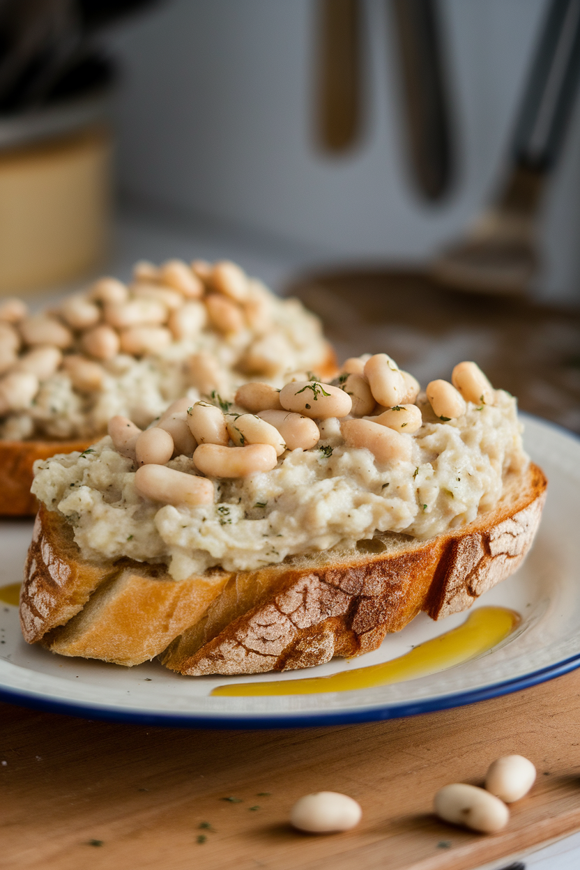 Indoor plate featuring toasted sourdough topped with garlicky white bean mash and a drizzle of olive oil. No logos or text in scene.