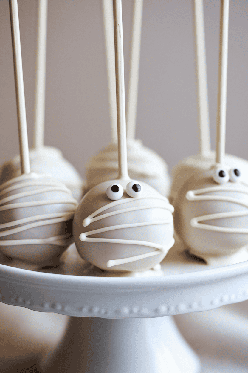 Indoor close-up of white candy-coated cake pops drizzled with thin white chocolate lines to mimic bandages, two tiny candy eyes peeking through; neutral background, no logos or text. Photo.