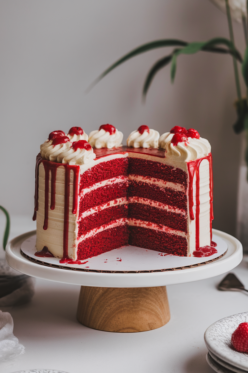 A sliced red velvet layer cake on an indoor cake stand, cream cheese frosting oozing with red berry sauce drips along the sides. Photo only, no text or logos.