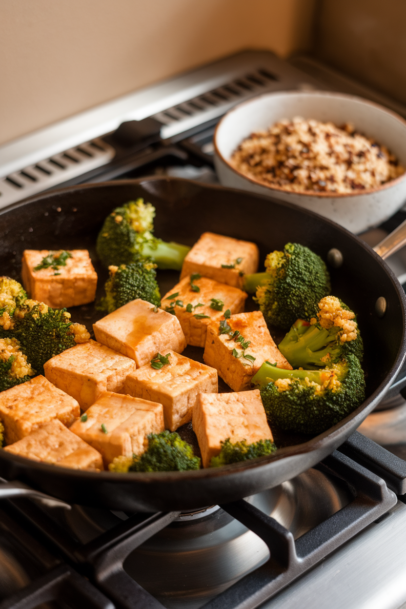 An indoor stovetop scene with a skillet of golden tofu cubes, bright green broccoli florets, and a light soy-ginger glaze, quinoa visible in a bowl nearby. No text or logos; photo only.