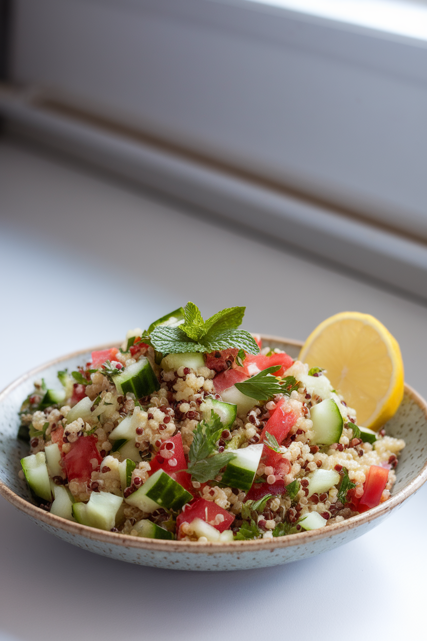 Indoor photo of a shallow bowl of vibrant quinoa tabouli featuring diced cucumber, tomato, parsley, and mint, with a lemon wedge on the side. Bright but diffused light, no text or logos.
