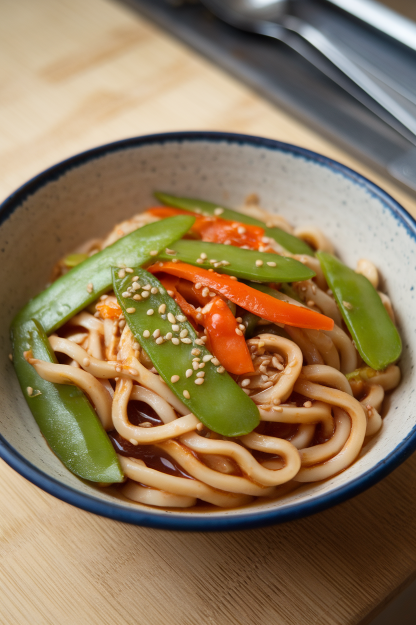 Shallow indoor bowl of udon noodles coated in glossy sauce with snap peas, bell pepper strips, and sesame seeds. No text or logos.