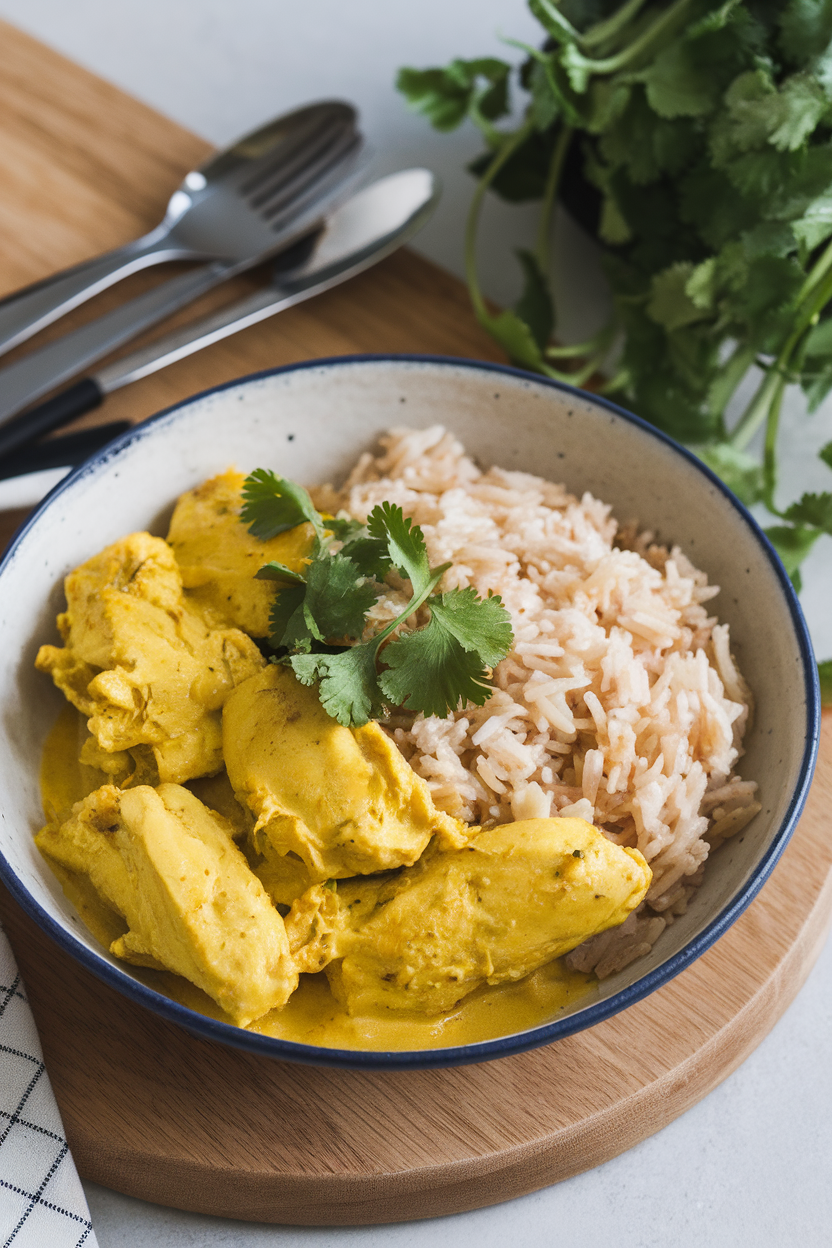 Photo of a shallow bowl indoors with yellow coconut curry chicken and jasmine rice, garnished with cilantro. No text or logos.